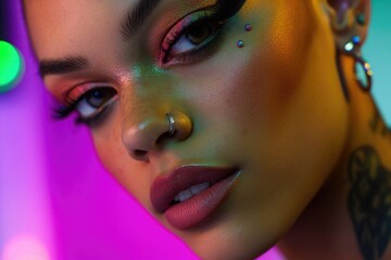 A close-up shot of a woman's neck featuring a distinctive piercing, suitable for use in editorial or commercial contexts