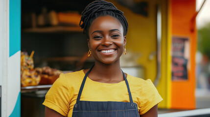 Smiling african american woman in apron working in food truck serving delicious food. Portrait of happy small business owner