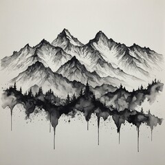 A minimalist ink sketch of a jagged mountain range on white.