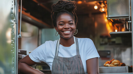 Smiling african american woman in apron working in food truck serving delicious food. Portrait of happy small business owner