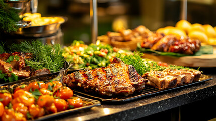 Naklejka premium Hot buffet featuring grilled meat skewers, roasted vegetables, and a selection of fresh, colorful dishes ready to serve. Generative AI