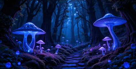 Enchanted Glowing Mushrooms Forest Path Mystical Night Scene Digital Art