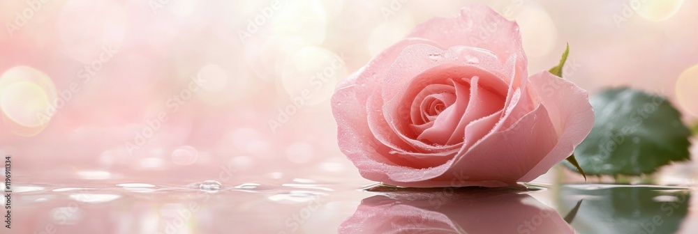 Leinwandbilder delicate pink rose resting on a reflective surface with soft bokeh background for text placement. ge