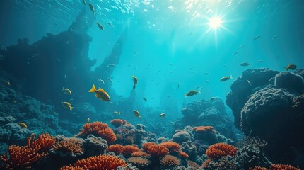 Obraz premium underwater scene featuring a vibrant coral reef and exotic fish, illuminated by epic, lens-glow lighting, showcasing a modern