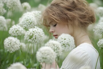 Naklejka premium Woman in White Dress Amidst White Flowers
