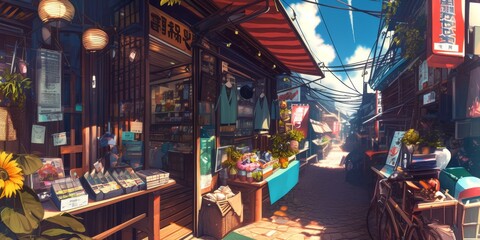 Fototapeta premium Charming Japanese Street Scene with Shops and Buildings . Anime style