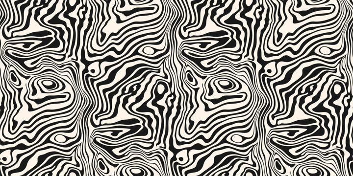 Vector seamless pattern with fluid organic shapes, liquid lines. Stylish black and white abstract marble ink texture. Funky groovy geo background with waves, distorted surface. Optical illusion effect