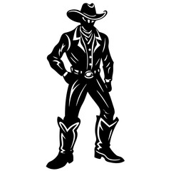 Silhouette of a Cowboy: A strong, stylized silhouette of a cowboy in classic attire—hat, long coat, and boots—stands confidently, hands on hips, against a clean background.