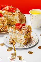 Strawberry-Topped Crispy Layered Cake with Golden Accents