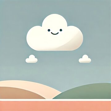 Minimalist smiling cloud in rolling landscape