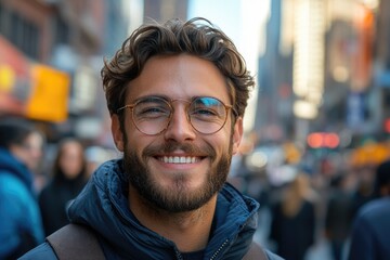Fototapeta premium A portrait of a man with a beard and glasses smiling directly at the camera