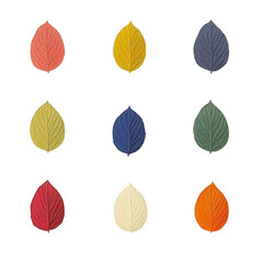 Colorful leaves arranged in a grid showcasing autumn hues and unique textures., isolated on a transparent background.