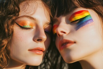 Obraz premium Two friends with colorful face paint and smiling faces, great for diversity or pride event photos