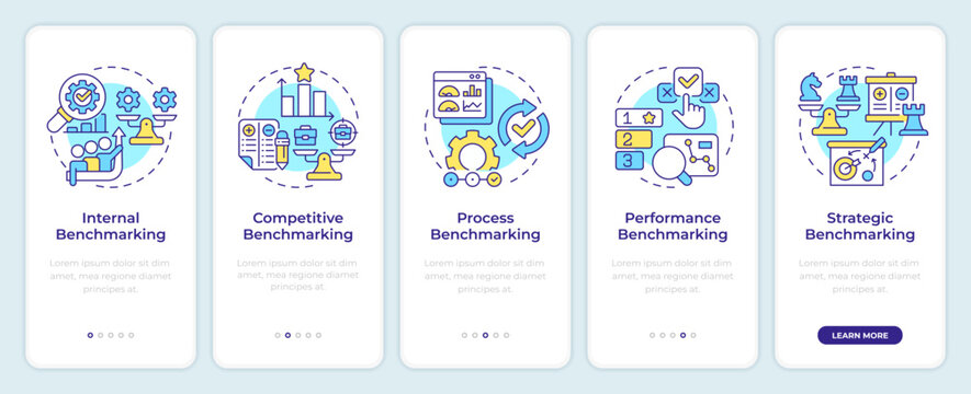 Types of benchmarking onboarding mobile app screen. Business. Walkthrough 5 steps editable graphic instructions with linear concepts. UI, UX, GUI template. Montserrat SemiBold, Regular fonts used
