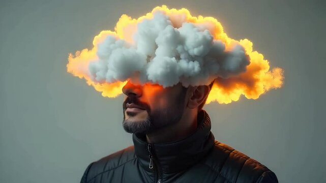 Man struggling with overthinking and brain fog, his head clouded with confusion