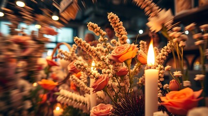Romantic peach roses, candles, and wildflowers.