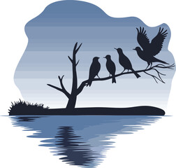 Graceful Silhouettes of Birds stands on  a branch