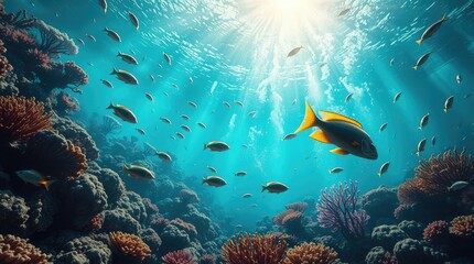 Obraz premium underwater scene featuring a vibrant coral reef and exotic fish, illuminated by epic, lens-glow lighting, showcasing a modern