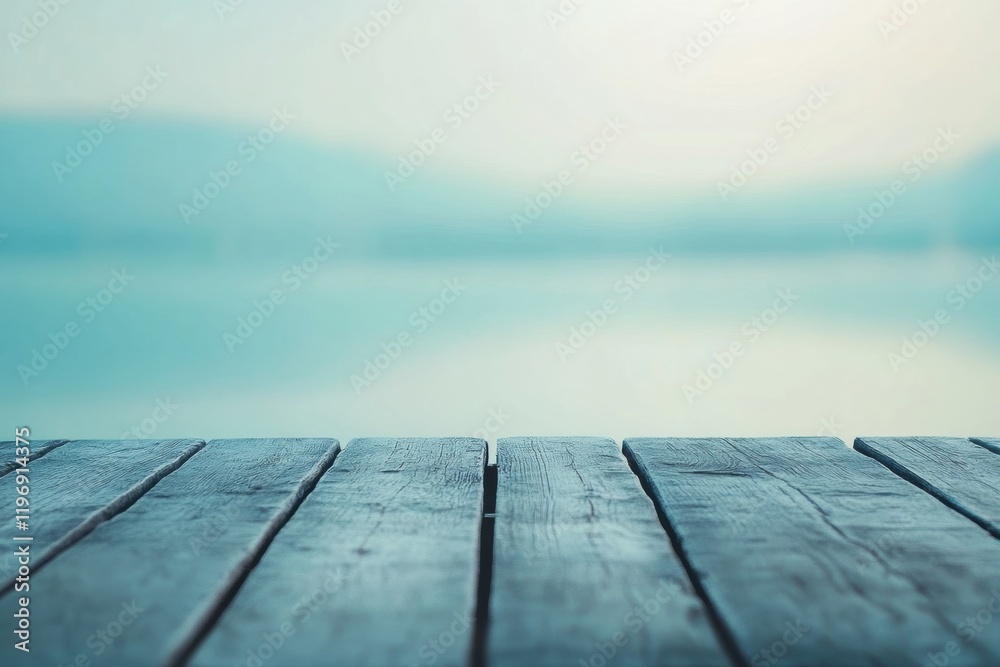 Aufkleber calm wooden deck overlooking a serene body of water in soft morning light offering ample copy space 