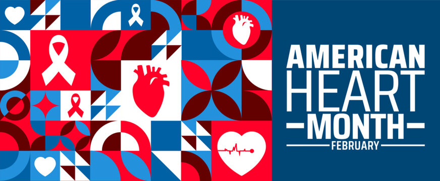 American Heart Month geometric shape pattern background banner or poster design template. observed every year in February. Holiday concept. Use to any Template, card, poster, placard, template.