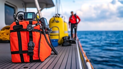 Fototapeta premium An orange diving bag with equipment on a boat, with divers preparing in the background.