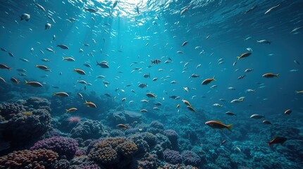 Fototapeta premium underwater scene featuring a vibrant coral reef and exotic fish, illuminated by epic, lens-glow lighting, showcasing a modern
