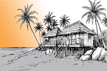 Hand-drawn illustration of a rustic hut on a tropical island, lined with tall palm trees. Captures the essence of solitude, tranquility, and island life.