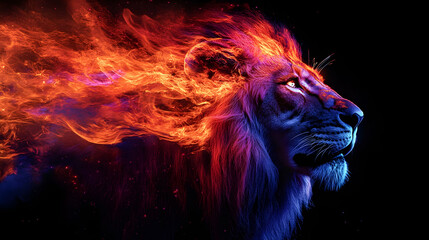 Majestic lion with fiery mane glowing in vibrant red, orange, and purple flames. Concept of strength and power. Generative AI