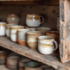 Ceramic pottery mugs. Handmade coffee cups as kitchenware 