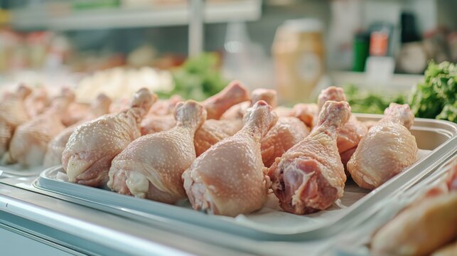Fresh Raw Chicken Drumsticks Supermarket Display Refrigerated Poultry