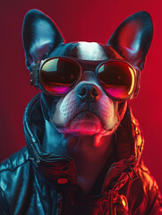 Obraz premium A stylish dog wearing sunglasses and a leather jacket, posing confidently against a vibrant red and blue background.