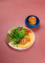 Gourmet Shrimp Omelette with Fresh Greens and Sesame Roll