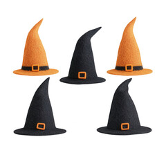 Festive collection of witch hats in orange and black for Halloween celebrations., isolated on a transparent background.