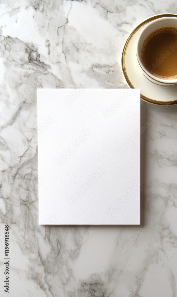 Aufkleber Blank sheet of paper on marble background with a cup of tea offers space for creative writing or design projects. Generative AI