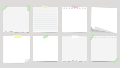 A set of realistic note paper. Collection of paper notes with lines, torn edges. Square sheet of paper for notes, reminders.