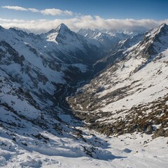 A wide-angle view of a snow-covered mountain pass, with towering peaks on either side and a peaceful, almost ethereal, white world around it.