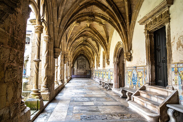 Colonnade of cloister of Santa Cruz Monastery and Church at Coimbra, Portugal