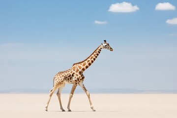 Obraz premium A Giraffe Walking Across a Vast, White Desert Under a Clear Blue Sky.