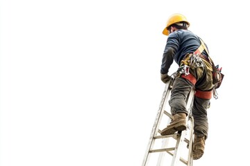 A person wearing work clothes and hard hat climbs up a ladder with rungs and ropes