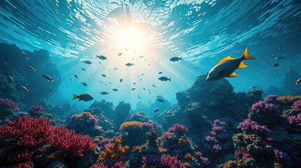 Obraz premium underwater scene featuring a vibrant coral reef and exotic fish, illuminated by epic, lens-glow lighting, showcasing a modern