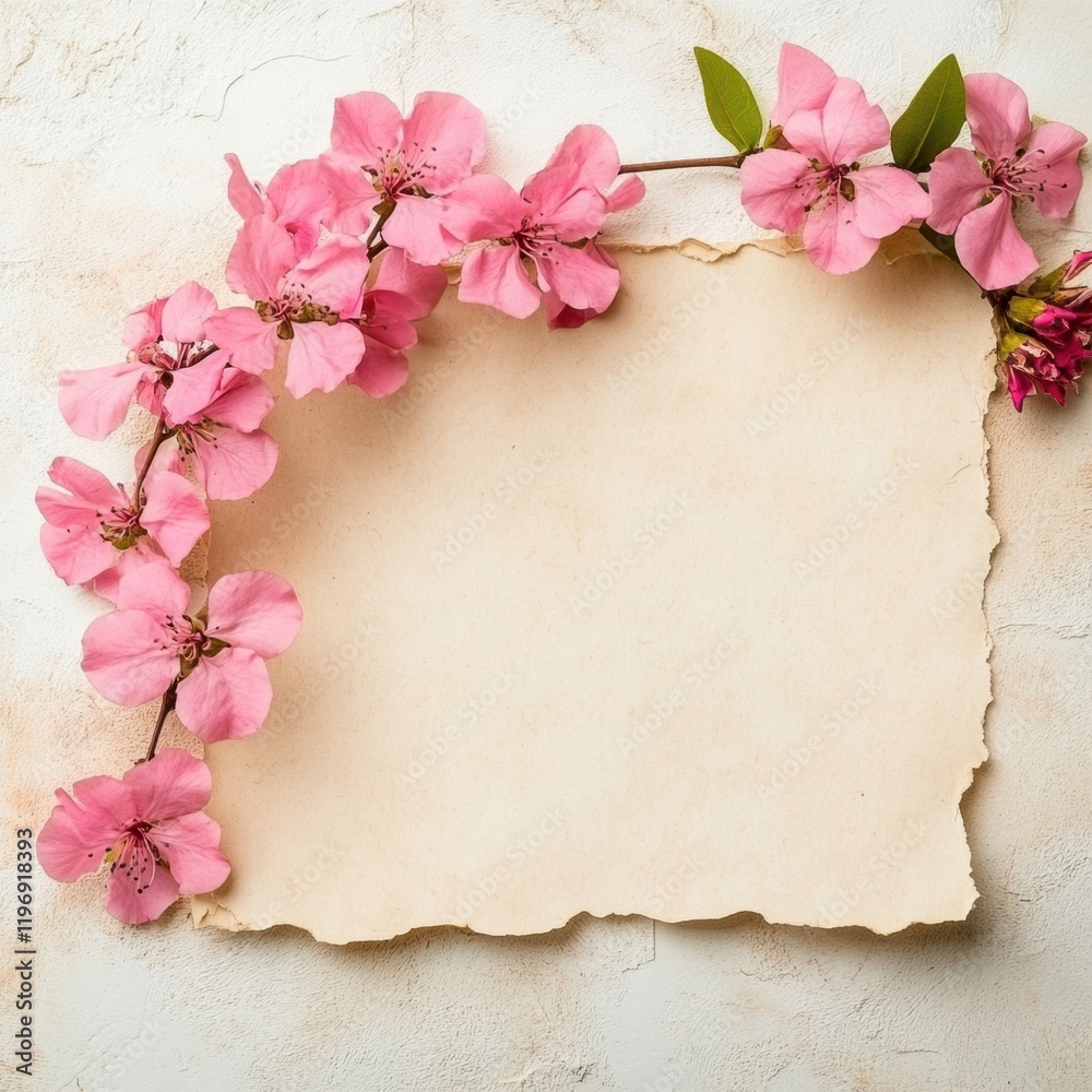 Aufkleber blossoming cherry flowers surround empty parchment for creative text placement and mock up designs. 
