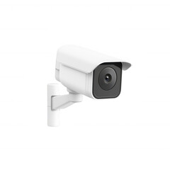 Modern white security camera mounted on a wall for surveillance and safety purposes., isolated on a transparent background.