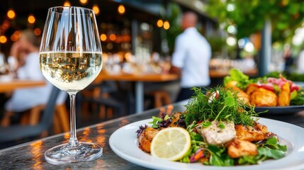 Outdoor restaurant dining, wine, seafood salad, blurred background. Perfect for food blogs and restaurant websites