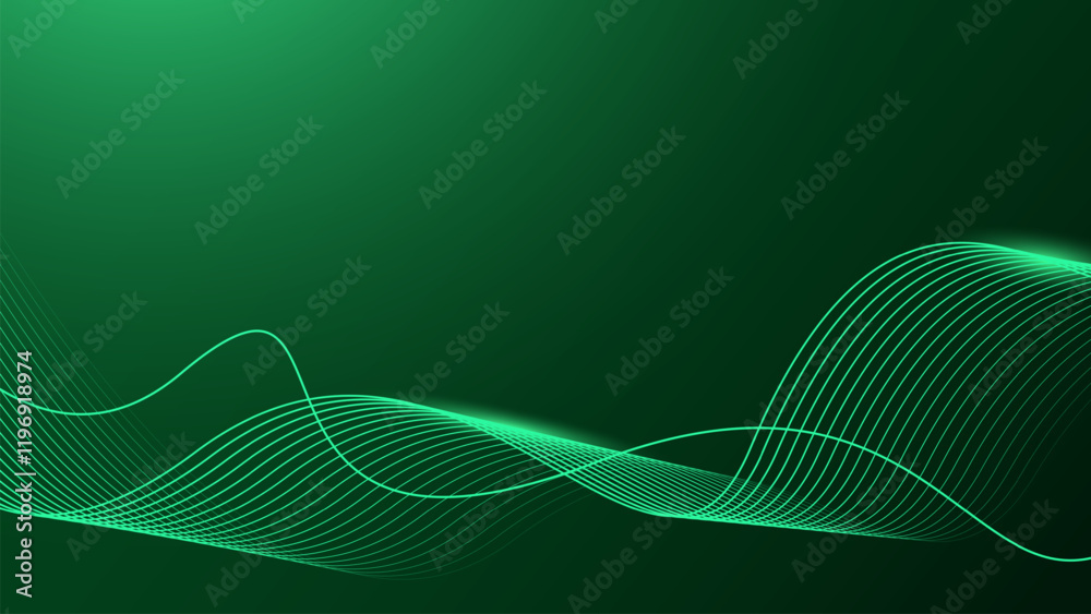Wall mural abstract shining wave lines on dark green background. dynamic wave pattern. futuristic technology co