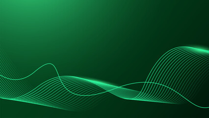 Abstract shining wave lines on dark green background. Dynamic wave pattern. Futuristic technology concept.