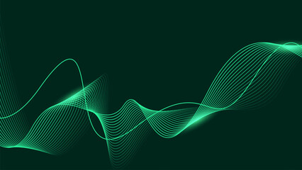 Abstract shining wave lines on dark green background. Dynamic wave pattern. Futuristic technology concept.