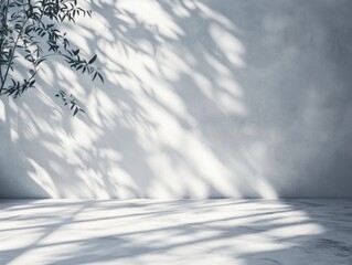 A simple, gray wall casting the shadows of trees. The sun is directly above, creating a dramatic light-and-shadow play across the surface.