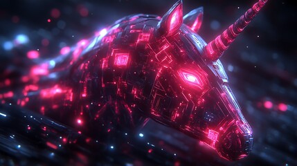 Cybernetic Unicorn Head Glowing Bright Pink