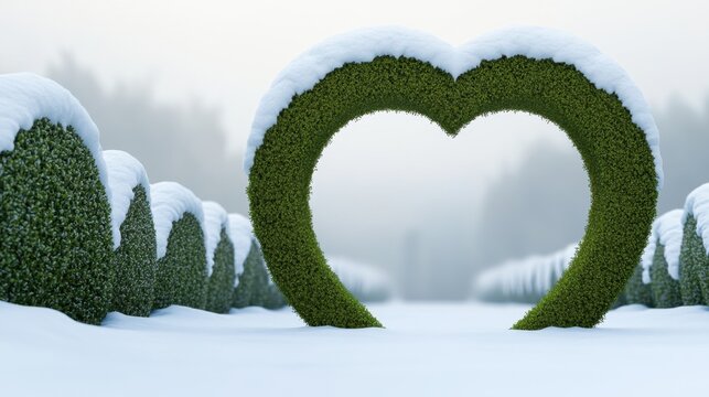 Heart-shaped hedge covered in snow, creating a romantic winter scene