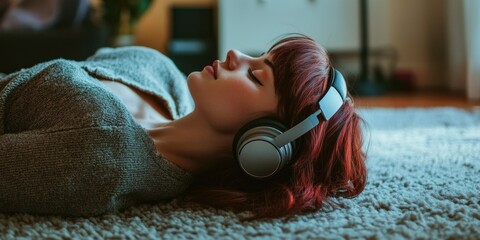 A woman relaxing on the floor while wearing headphones, enjoying music in a modern setting. Her pose suggests deep immersion in her audio experience.